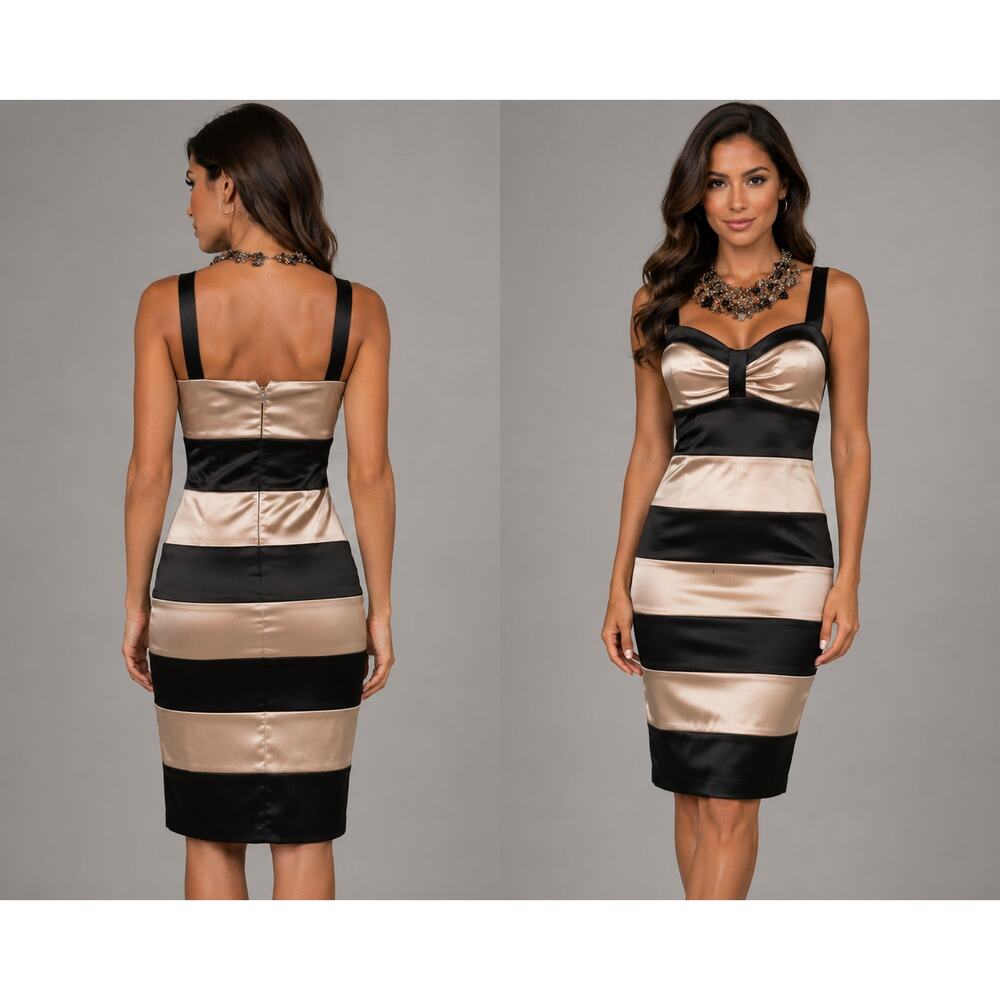 Cache Black Tan Satin Built In Bra Bustier Event Dress New Color Block $178 NWT